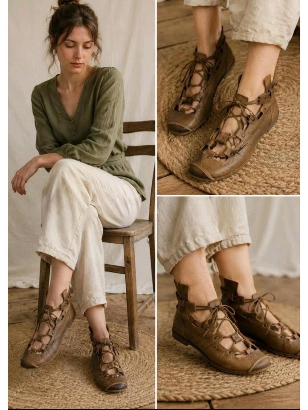 Trippen Leather Women's brown lace up Flat Sandals Shoes Size 39/8.5 EUC